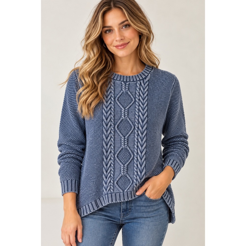 NorthStyle Womens L Blue 100% Cotton Cable Knit Sweater High Low Hem Pullover